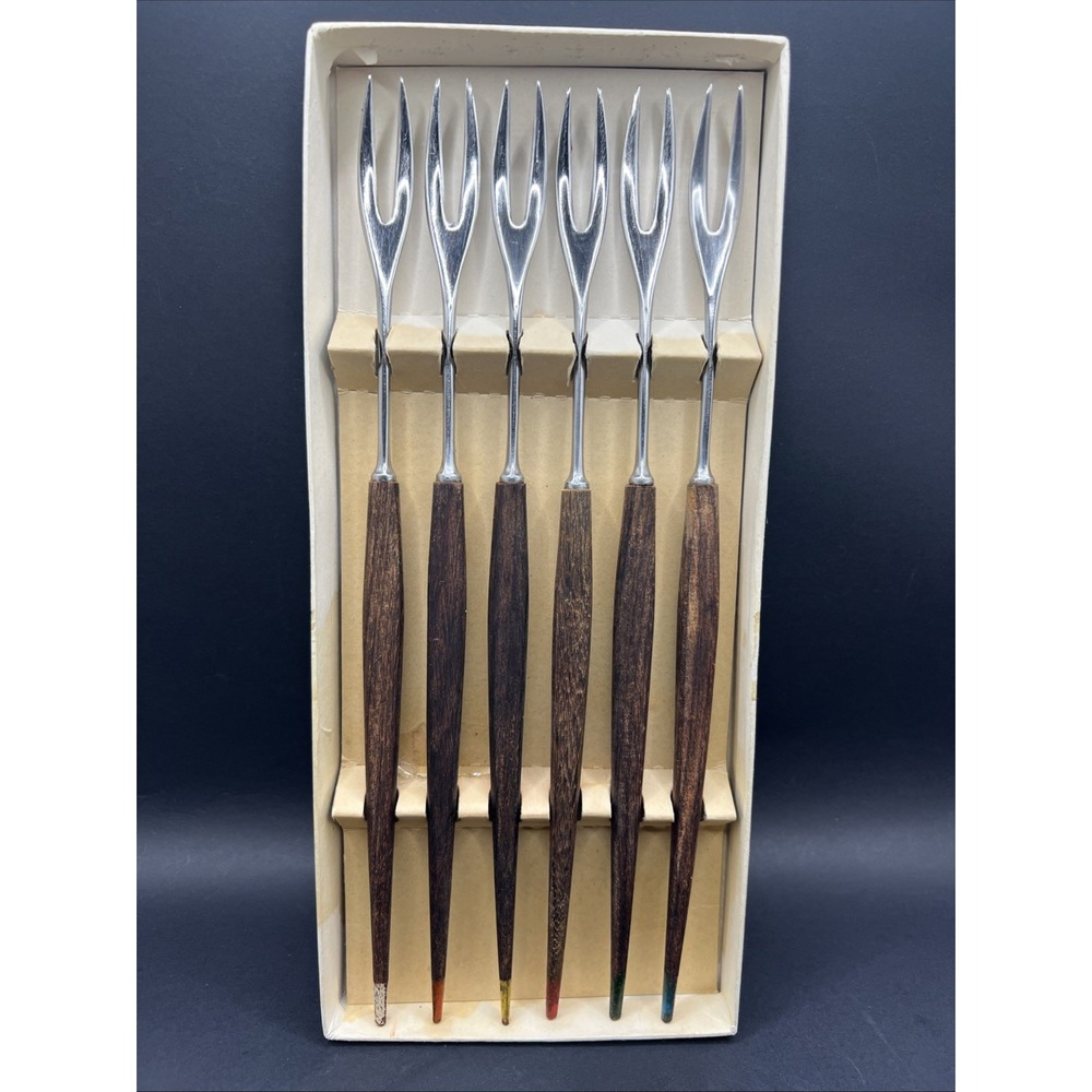 Vintage Old Dutch No 117 Fondue Forks 6 Pc Set Stainless Wood Japan Teak MCM